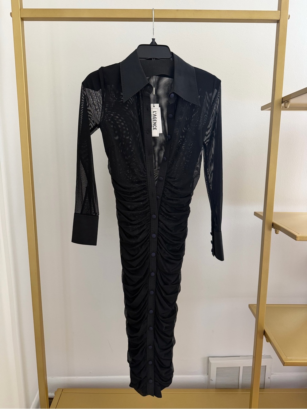 L’Agence Black Ruched Mesh Midi Dress